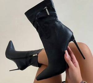 Women Pointed Toe Pocket High Heel Ankle Boots