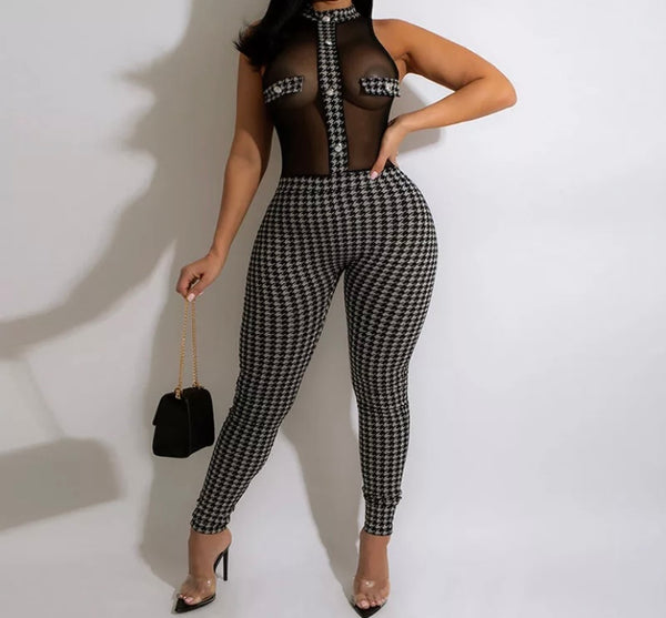 Women Sleeveless Printed Mesh Patchwork Sexy Jumpsuit