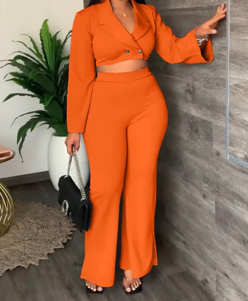 Women Crop Blazer Two Piece Solid Color Pant Set