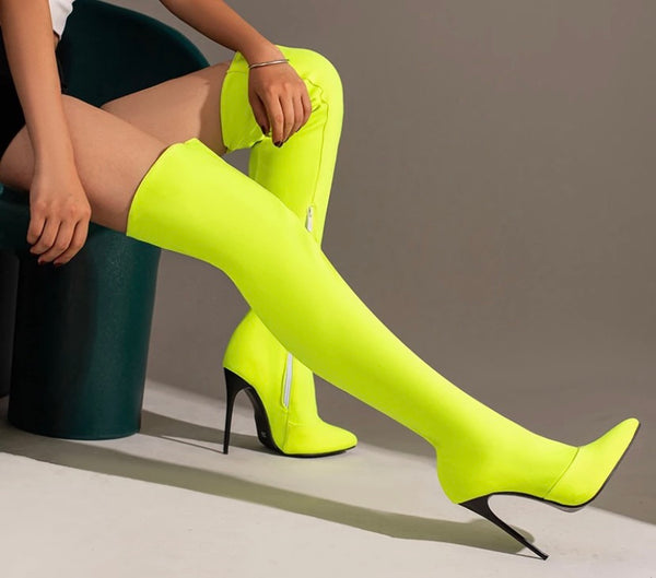 Women Color Pointed Toe High Heel Over The Knee Boots