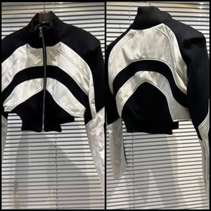 Women Fashion B&W PU Patchwork Crop Jacket