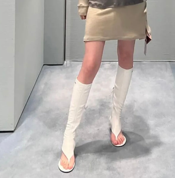 Women Fashion Faux Leather Open Toe Knee High Boots