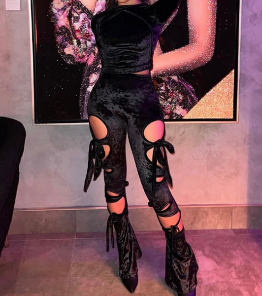 Women Fashion Black Velour Full Sleeve Cut Out Two Piece Pant Set