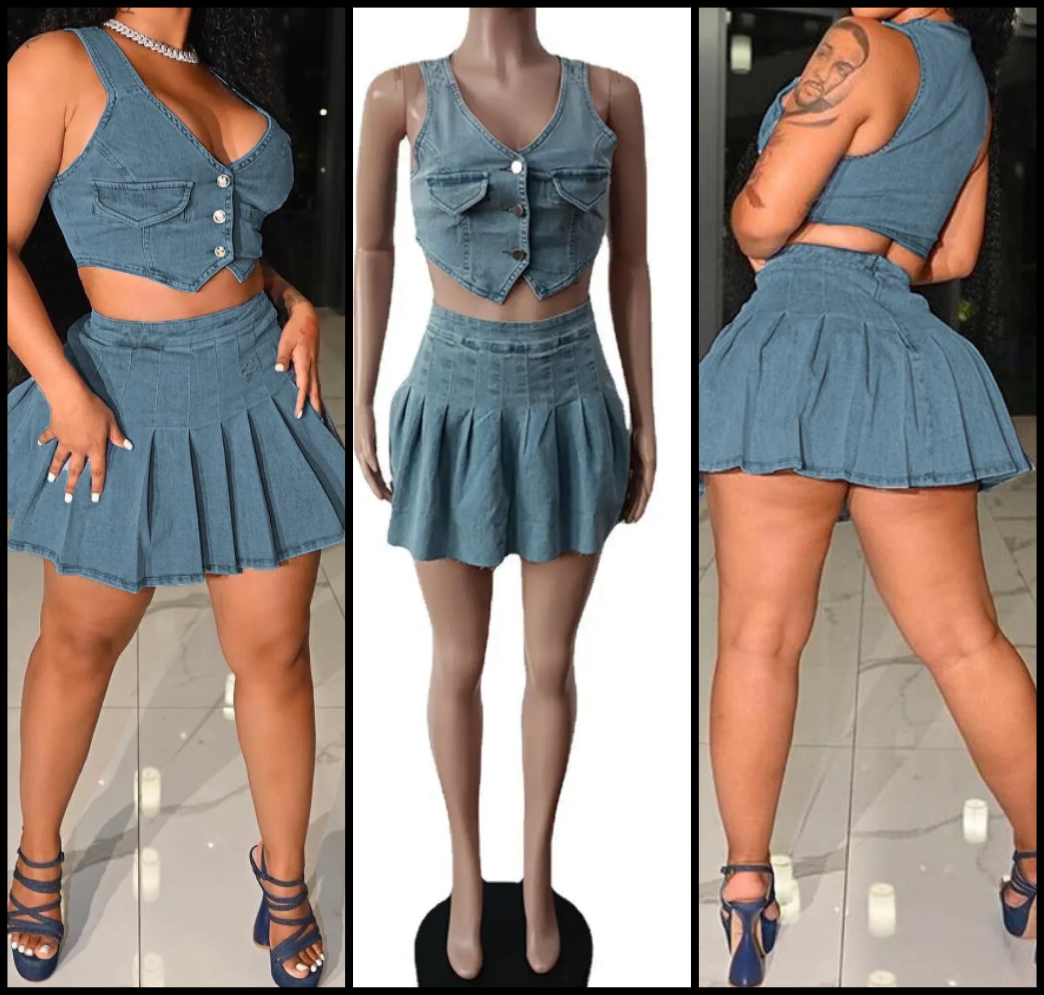 Women Denim Sexy Sleeveless Two Piece Pleated Skirt Set