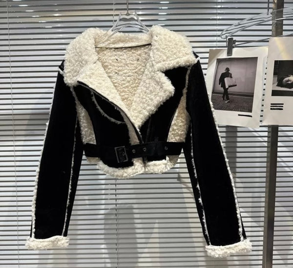 Women Fashion Warm Wool Color Patchwork Buckled Crop Jacket