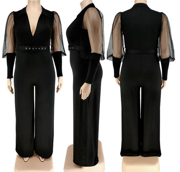 Women Sexy Mesh Full Sleeve Solid Color Belted Jumpsuit