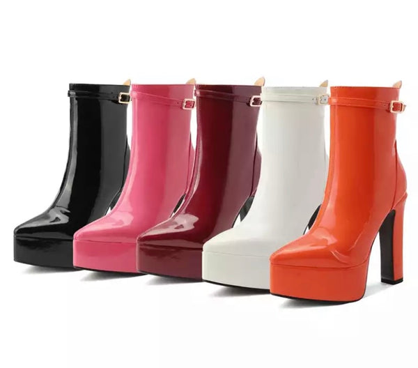 Women Patent Leather Fashion Platform Ankle Strap Boots