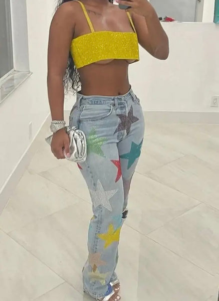 Women Colorful Star Print Fashion Denim Pants