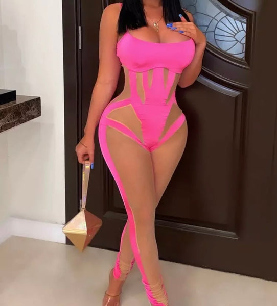 Women Sexy Sleeveless Mesh Patchwork Fashion Jumpsuit