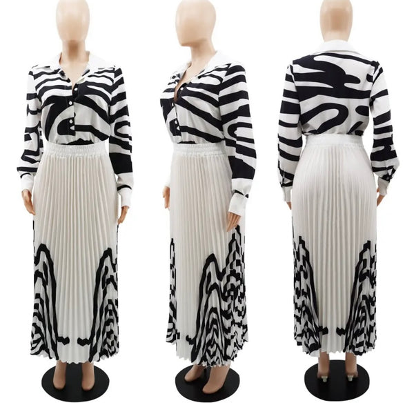 Women B&W Printed Button Up Full Sleeve Two Piece Pleated Maxi Skirt Set