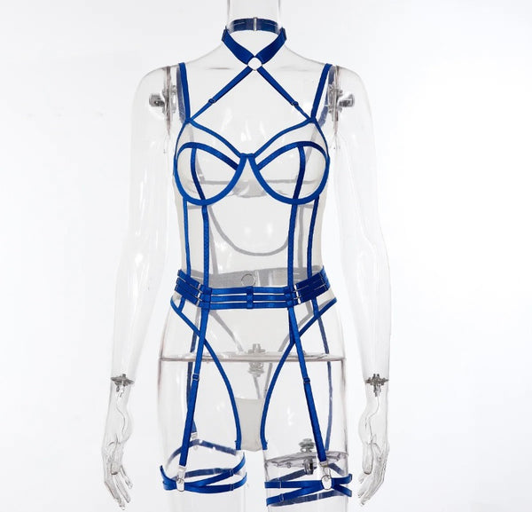 Women Blue Sexy Sleeveless Mesh Bodysuit Lingerie Set