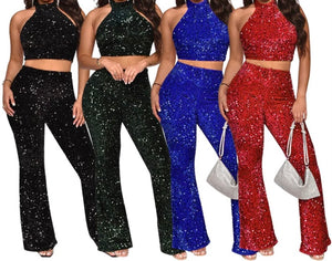 Women Sexy Sequins Halter Sleeveless Crop Two Piece Pant Set