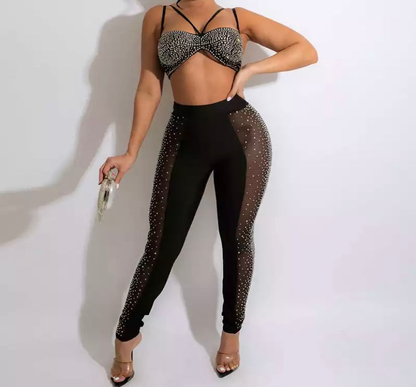 Women Bling Mesh Patchwork Two Piece Sexy Pant Set