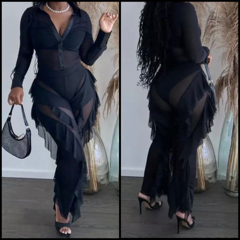 Women Black Ruffled Mesh Sexy Full Sleeve Jumpsuit