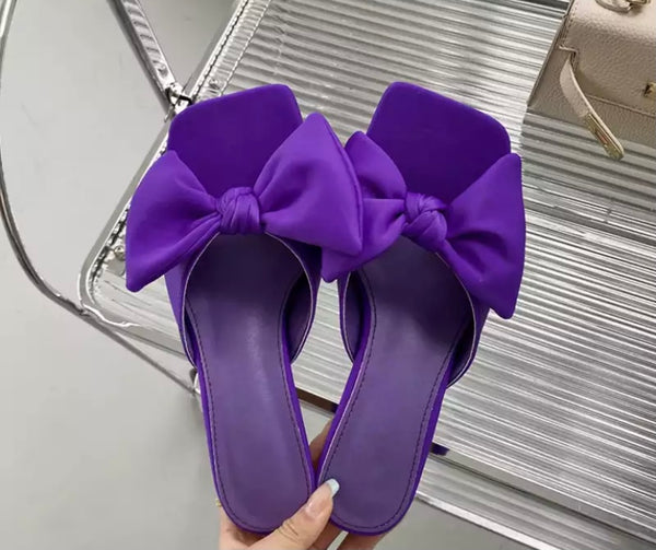 Women Color Fashion Bow Small Heel Slide On Sandals