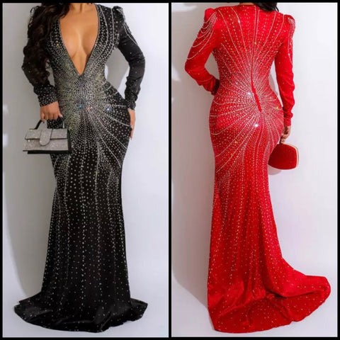 Women Sexy Full Sleeve Deep V-Neck Bling Long Maxi Dress