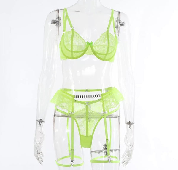 Women Sexy Neon Lace Chain Lingerie Set