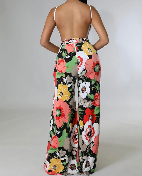 Women Sexy Spaghetti Strap Backless Floral Wide Leg Jumpsuit