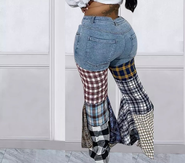 Women Fashion Denim Plaid Patchwork Wide Leg Pant