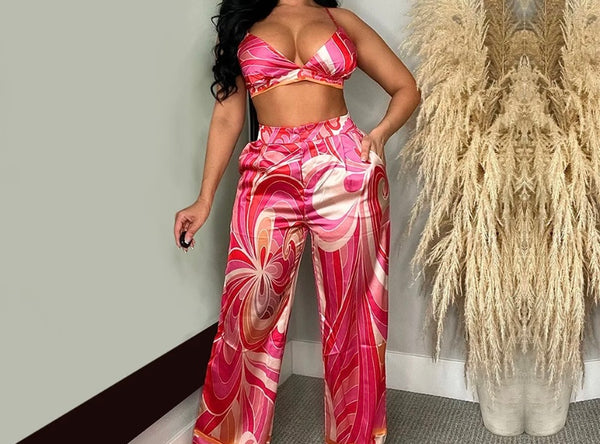 Women Printed Sexy Three Piece Wide Leg Pant Set