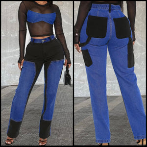 Women Fashion Color Patchwork Denim Pants