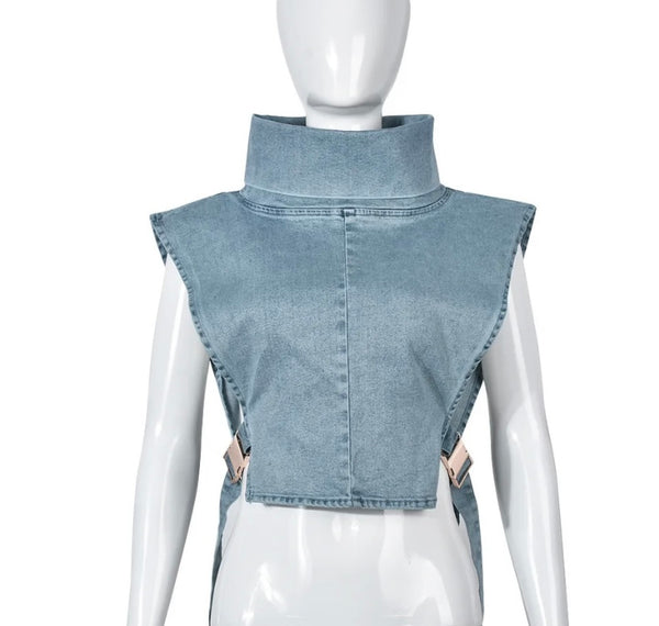 Women Fashion Sleeveless Buckled Denim Vest Top