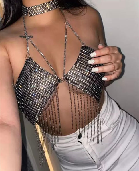 Women Sexy Halter Backless Bling Tassel Crop Top