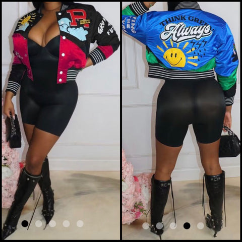 Women Fashion Colorful Print Baseball Jacket