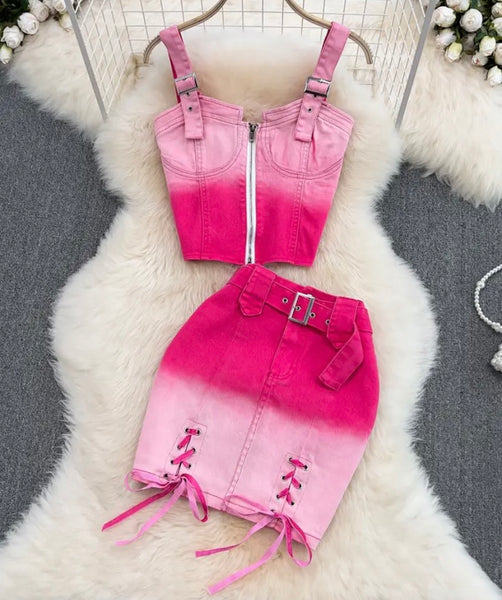 Women Sleeveless Pink Gradient Two Piece Skirt Set