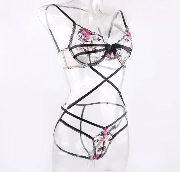 Women Sexy Black Pink Floral Mesh Bodysuit Lingerie