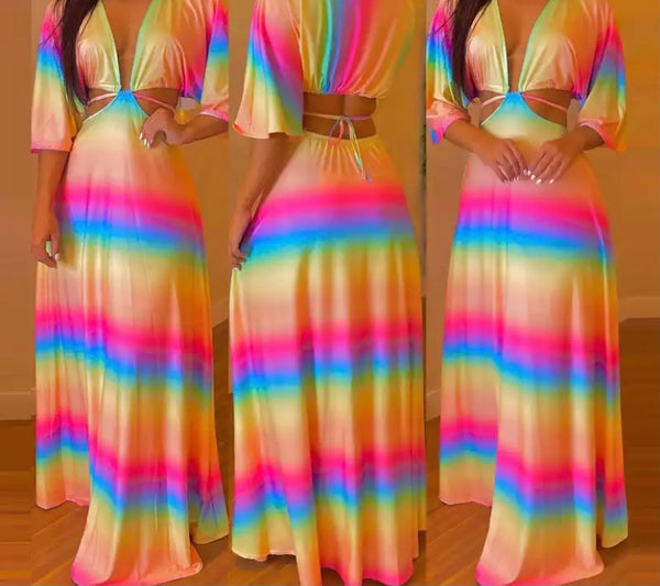 Women Rainbow Striped Open Back Maxi Dress