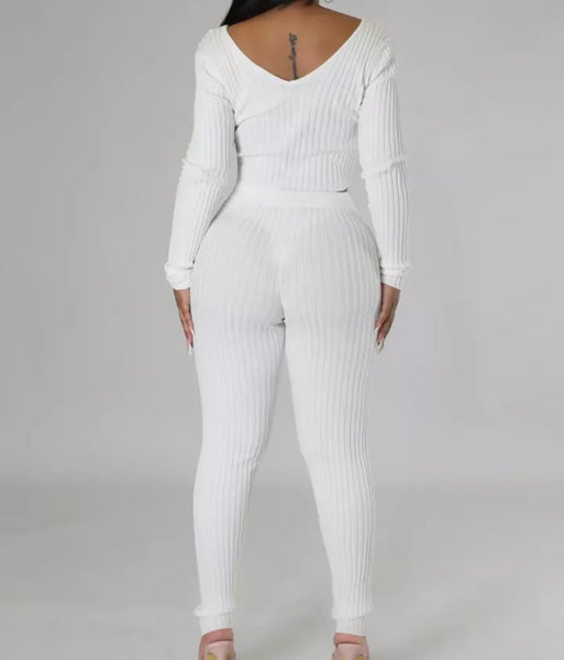 Women Solid Color Ribbed Full Sleeve Crop Two Piece Pant Set