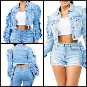 Women Fashion Ruffled Sleeve Ripped Denim Crop Jacket