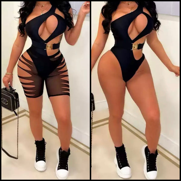 Women Sexy One Shoulder Swimsuit Mesh Shorts Cover Up Set