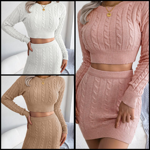 Women Sexy Full Sleeve Solid Color Two Piece Skirt Set