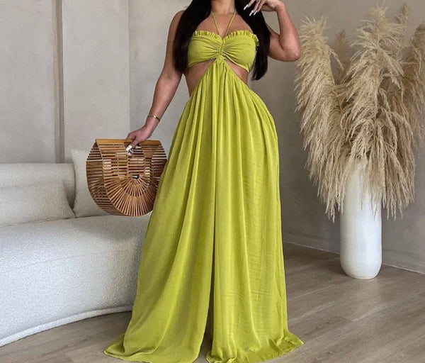 Women Sexy Sleeveless Halter Cut Out Wide Leg Jumpsuit