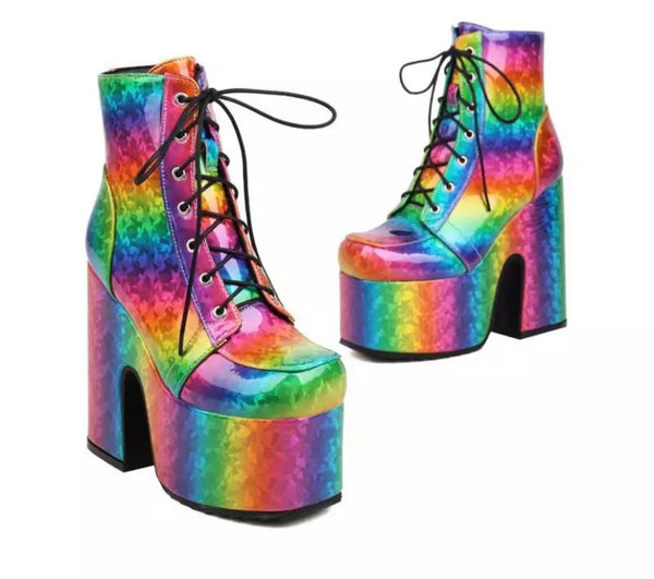 Women Lace Up Printed Platform Ankle Boots