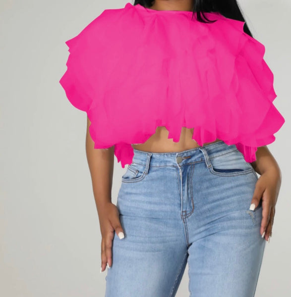 Women Sexy Solid Color Mesh Ruffled Crop Top