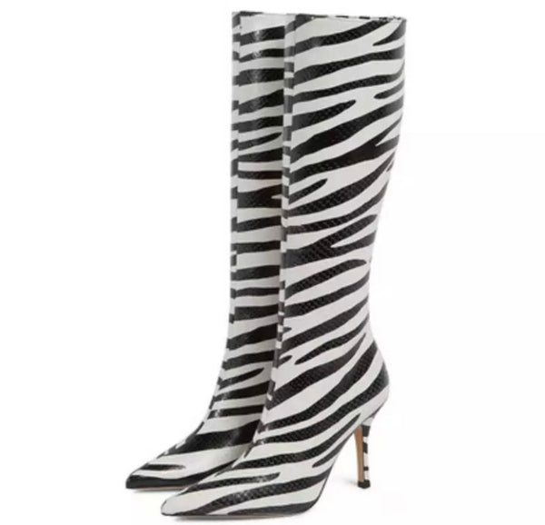 Women Fashion Zebra Print Back Zipper Knee High Boots