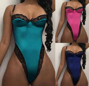 Women Sexy Satin Lace Patchwork Sleeveless Bodysuit Lingerie