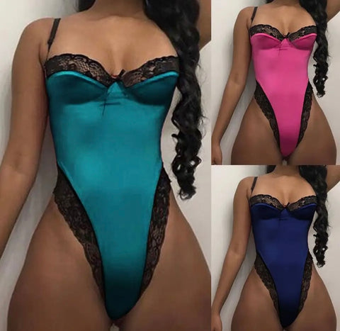 Women Sexy Satin Lace Patchwork Sleeveless Bodysuit Lingerie