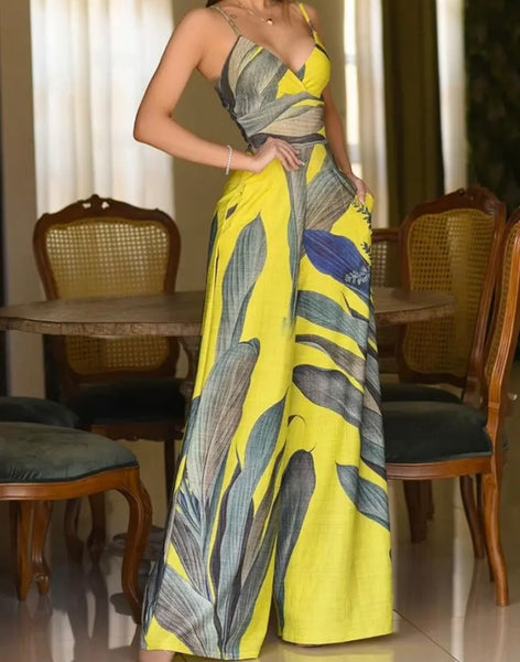 Women Yellow Printed Sleeveless Wide Leg Jumpsuit