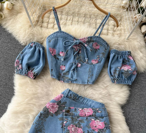 Women Fashion Sleeveless Floral Denim Two Piece Maxi Skirt Set