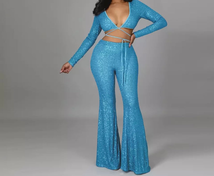 Women Sexy Crop Sequins Two Piece Pant Set