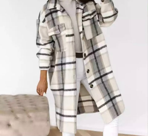 Women Plaid Button Up Long Fashion Jacket