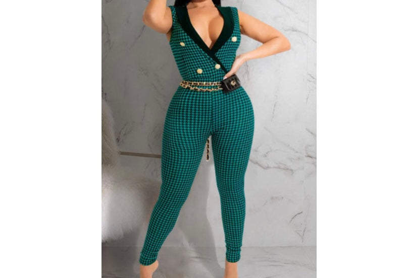 Women Printed Button Sleeveless Sexy Jumpsuit