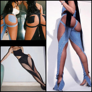 Women Sexy Fashion Mesh Patchwork Denim Pants