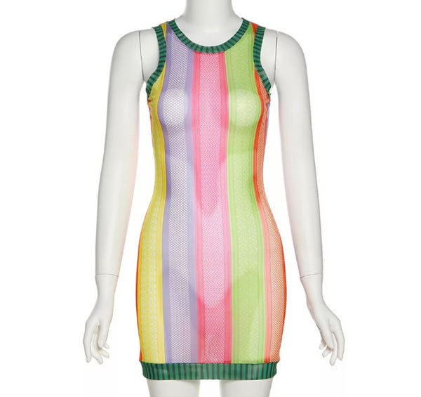 Women Sleeveless See Through Color-Block Dress