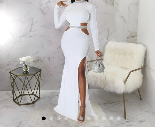 Women Sexy Bling Patchwork Full Sleeve Cut Out Maxi Dress