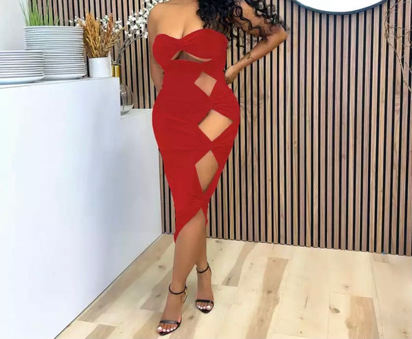 Women Sexy Solid Color Strapless Cut Out Dress